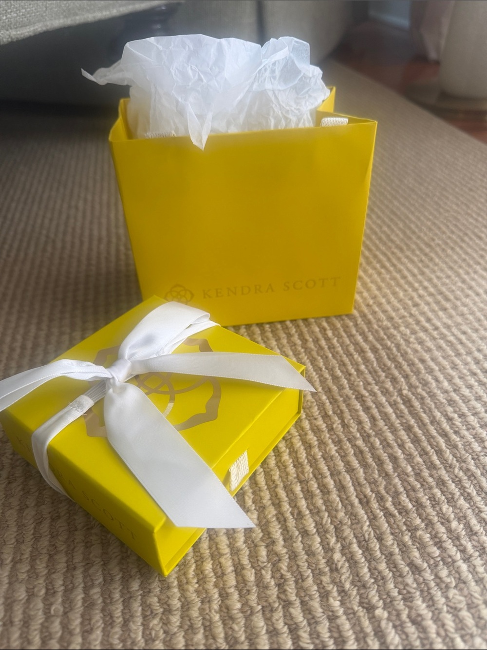 Kendra Scott Empty Yellow Gift Box and Bag with White Ribbon